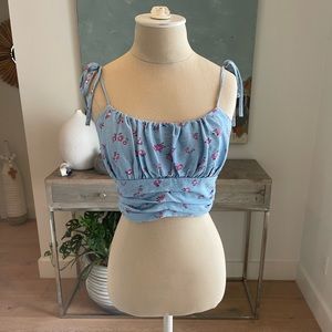 Forever 21 Light Blue Floral Crop Top Adjustable Tie Straps Small